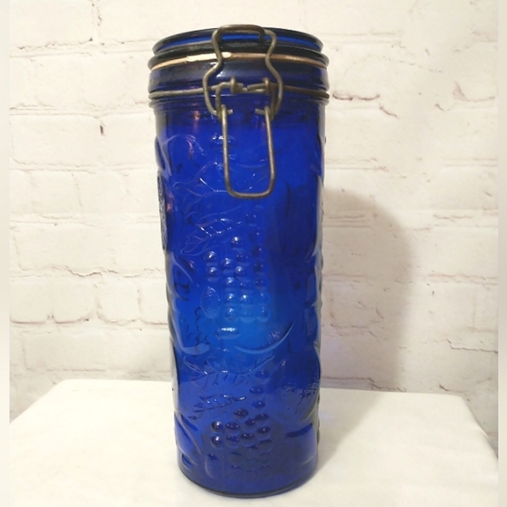 Vintage Cobalt Blue Glass Fruit Embossed Canister with Metal Hinged Lid 10" - Picture 2 of 10